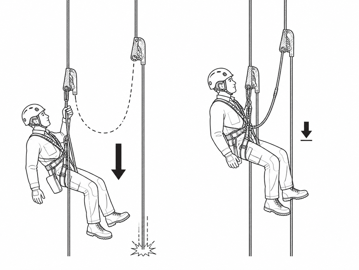 Slack defeats the second line: keep the backup device high and short so any fall on the safety line stays short and near-static.