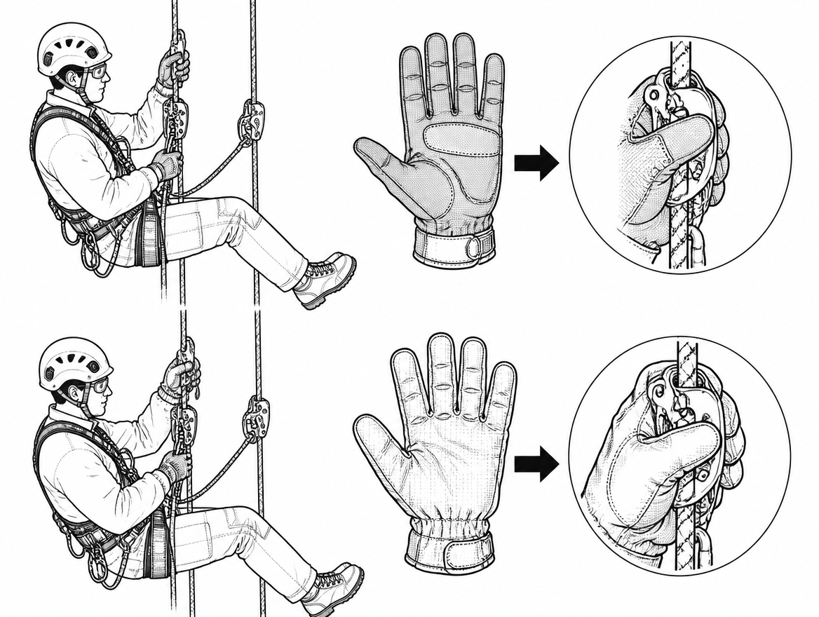 Correct: close-fitting glove with cut protection across the palm-side fingers and thumb crotch. Incorrect: oversized glove reduces grip force and pinch precision, increasing drop r