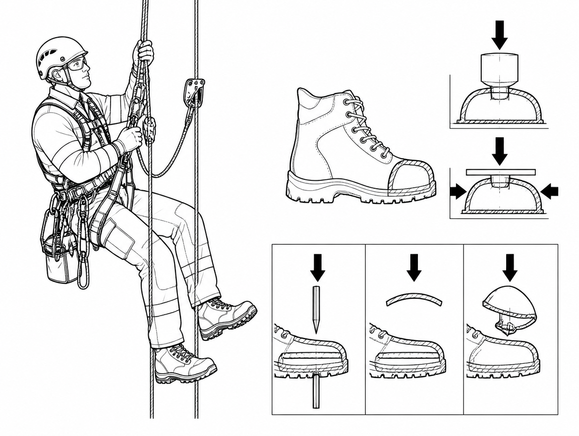 EN ISO 20345 toecaps are tested to 200 J impact and 15 kN compression; sole penetration resistance (P, PL or PS) and metatarsal protection (M) are separate designations.