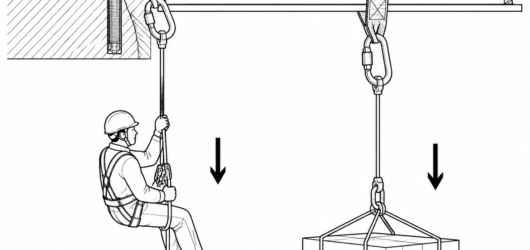 The load travels on its own independently anchored line — never on the working line or the safety line of a suspended worker.