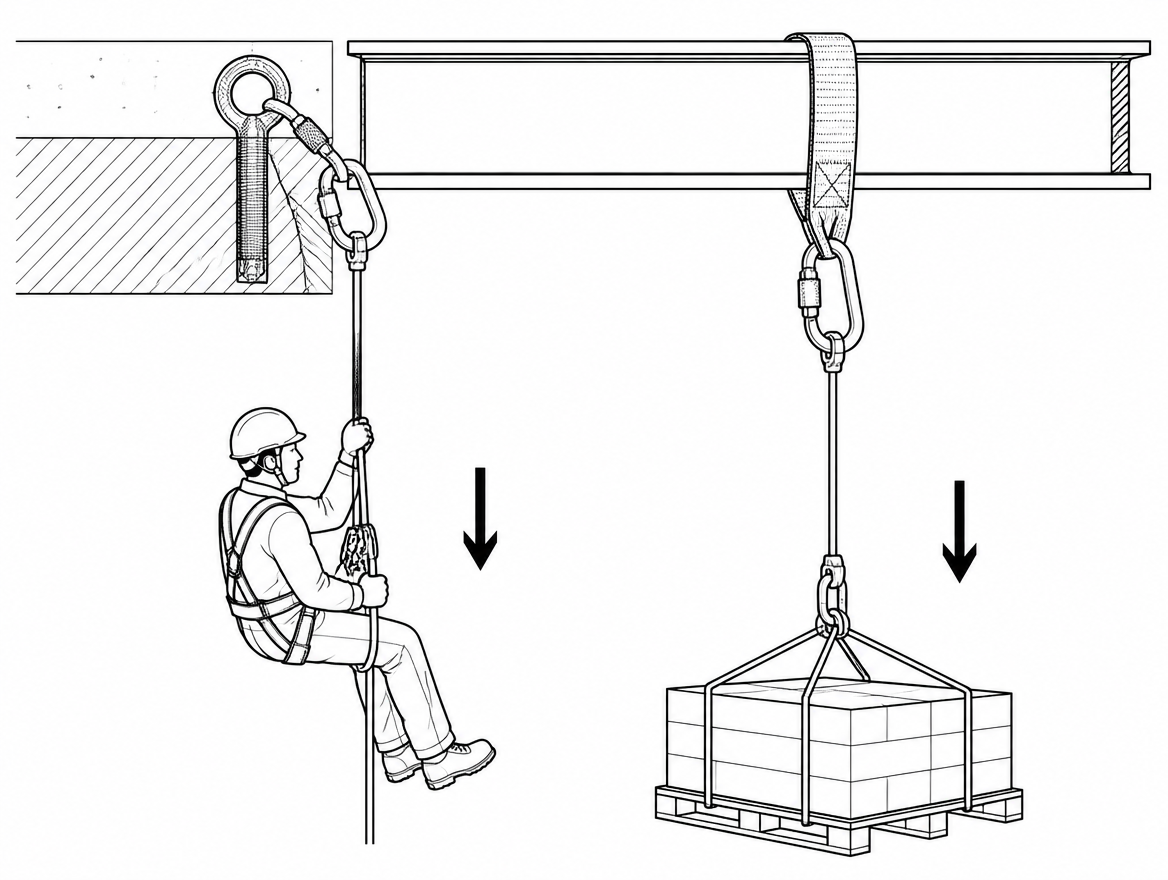 The load travels on its own independently anchored line — never on the working line or the safety line of a suspended worker.