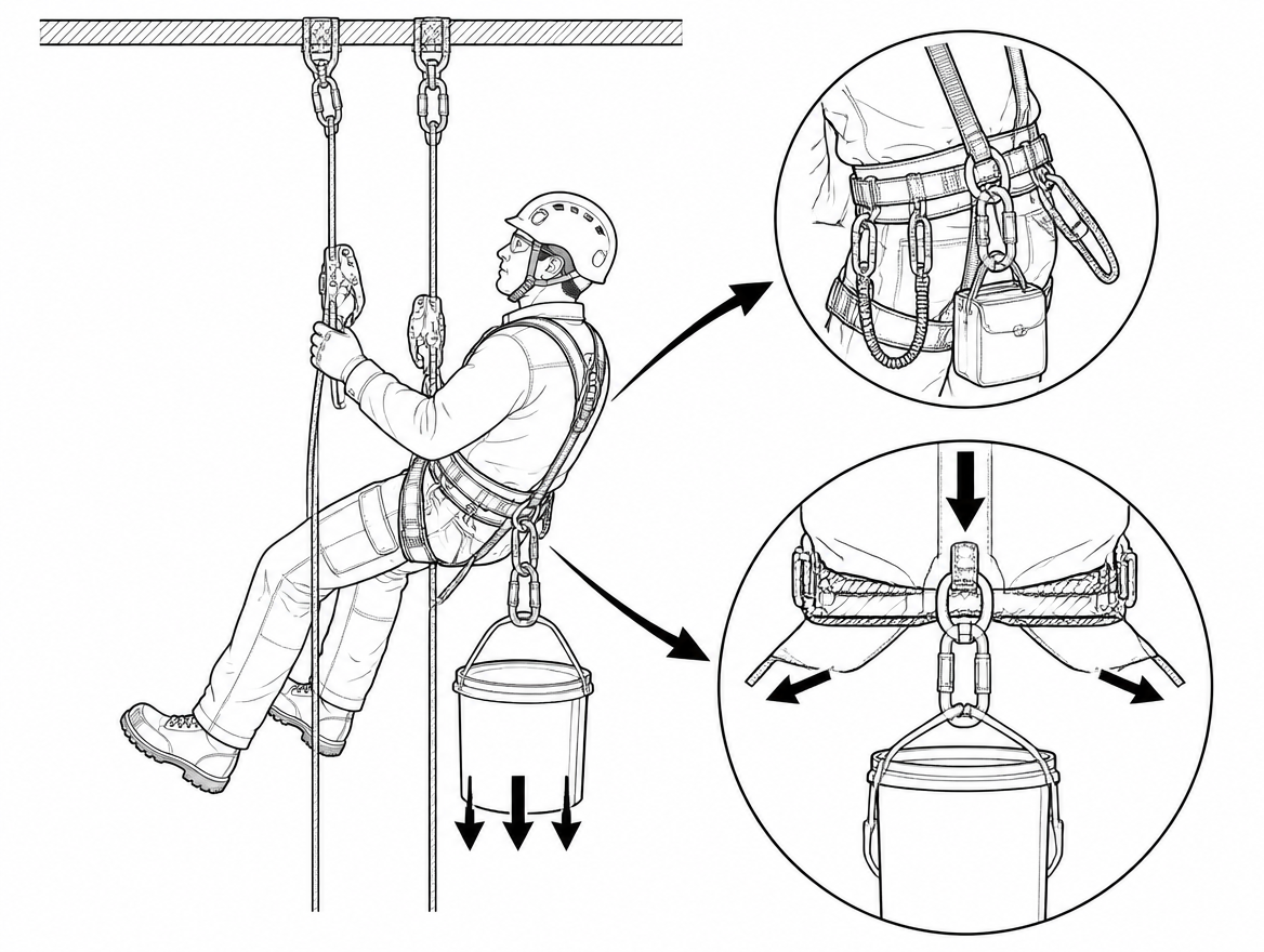 Gear loops are for carrying light equipment only; heavy loads clipped to the suspension attachment can push the harness and descender past their maximum rated load.