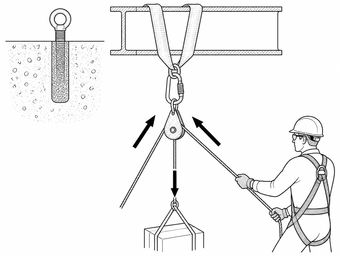 The anchor at a redirect or pulley can see a resultant force greater than the load weight; pulley working load limit and rope diameter must be checked against the rope in use.