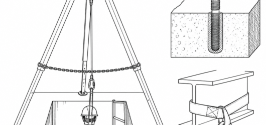 Correct tripod geometry: apex centred over the opening, equal leg spread, restraint chain taut, and the retrieval line hanging vertically with no side