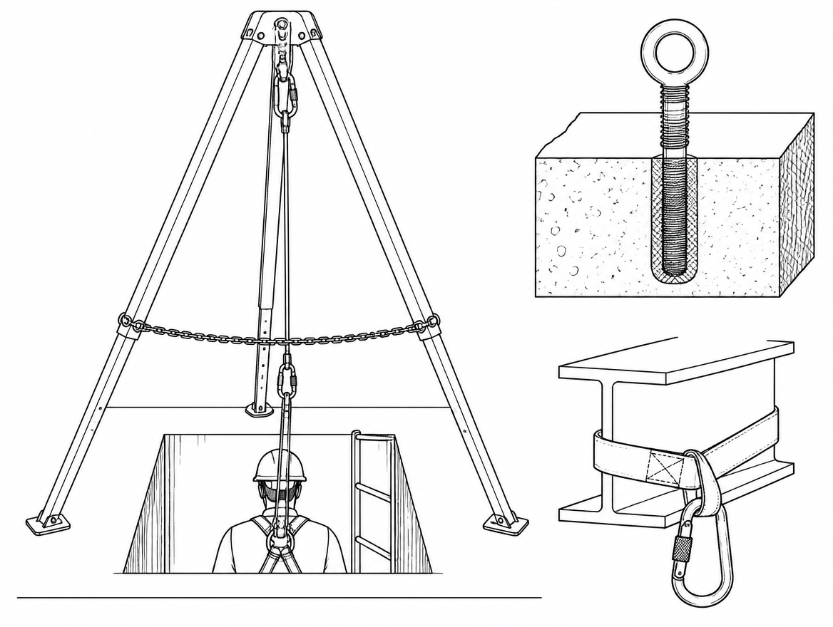 Correct tripod geometry: apex centred over the opening, equal leg spread, restraint chain taut, and the retrieval line hanging vertically with no side load on the head.