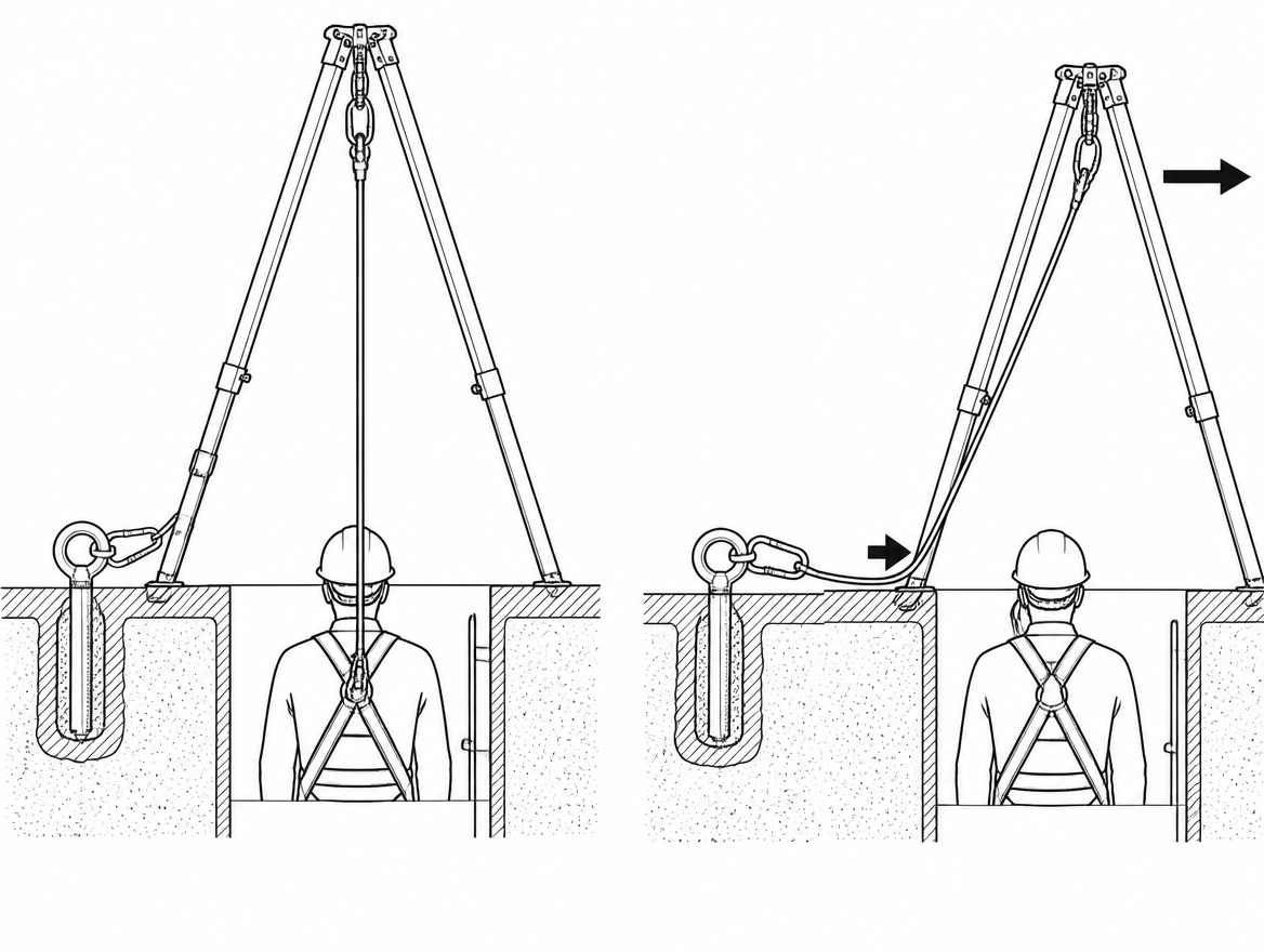 Correct (left) versus incorrect (right): an offset tripod side-loads the head, drags the line across the concrete rim and voids the manufacturer's rating.