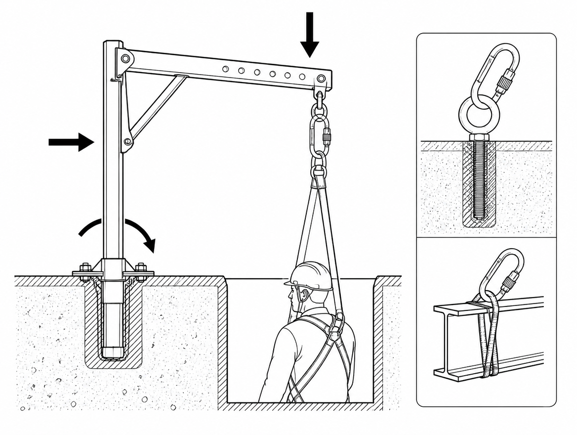 A davit arm places the lifting point over an offset or obstructed opening, but transfers a bending moment into the mast and base socket, so mast and base must be a matched, tested 