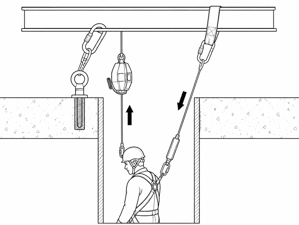 Two lines, two functions: a retrieval line to the lifting device and an independent backup fall arrest line on a separate anchor, removing the single point of failure.