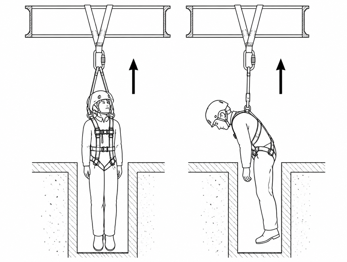 Correct: lifting from the shoulder rescue attachment points of an EN 1497 harness keeps the casualty upright and narrow enough to pass the opening. Incorrect: a dorsal-only lift pi