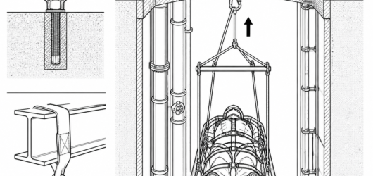 A packaged lift is wider and longer than a harness lift: check the stretcher, spreader bar and bridle against the actual shaft, pipework and opening c