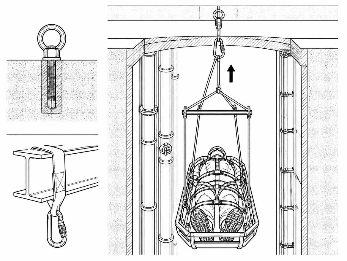 A packaged lift is wider and longer than a harness lift: check the stretcher, spreader bar and bridle against the actual shaft, pipework and opening collar during rehearsal.