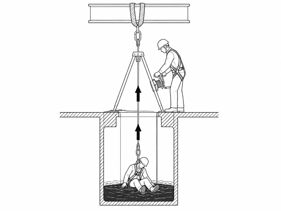 A worker who collapses at the bottom of a five-metre sludge chamber cannot be walked out. The only route is the one they came in through: straight up, often through an opening arou