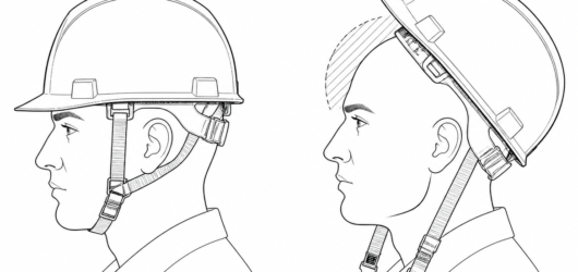 Correct (left): shell level, brow covered, chinstrap fastened snug. Incorrect (right): shell tipped back on the crown with the strap unfastened — the 