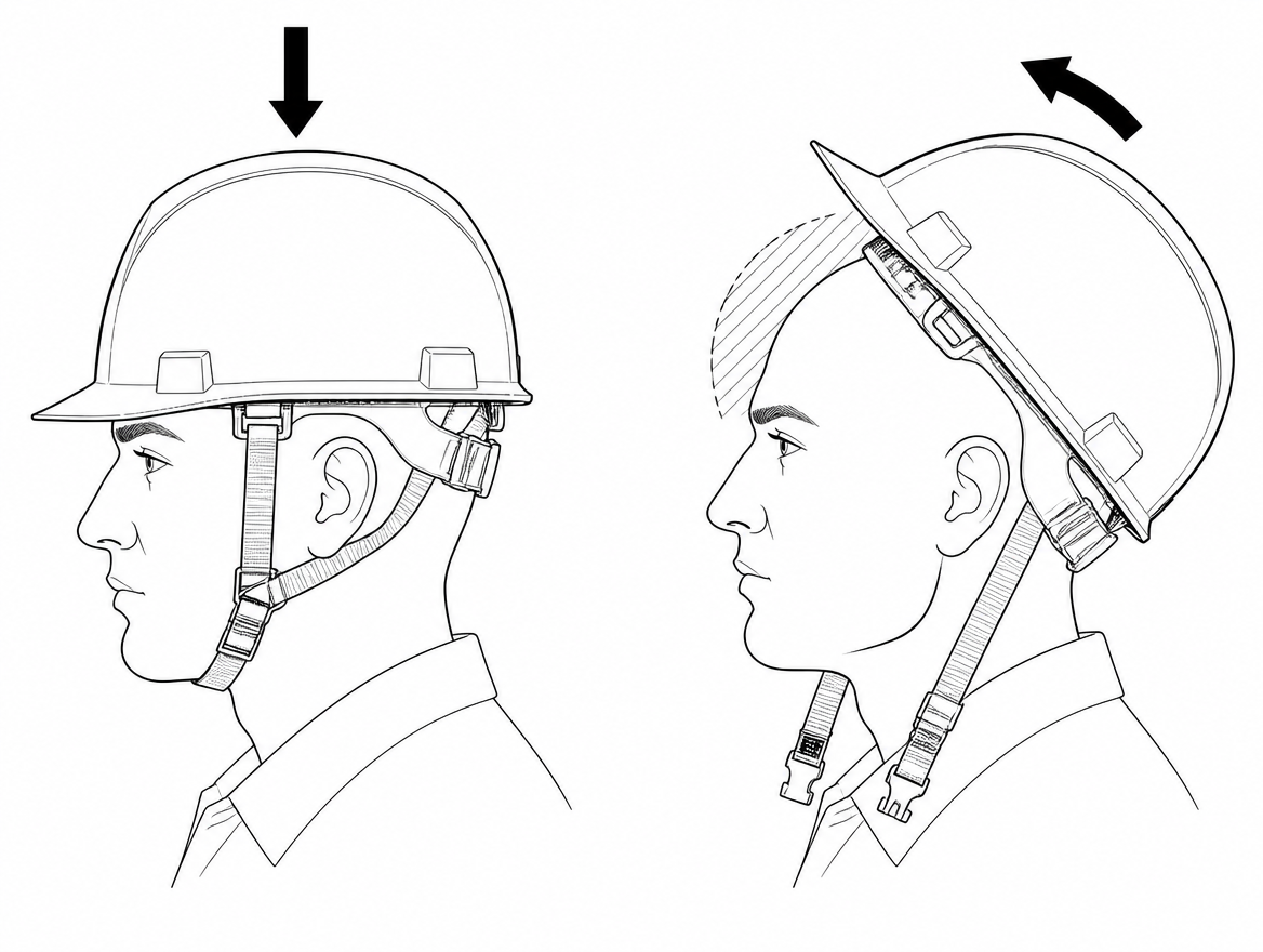 Correct (left): shell level, brow covered, chinstrap fastened snug. Incorrect (right): shell tipped back on the crown with the strap unfastened — the crown is no longer over the im