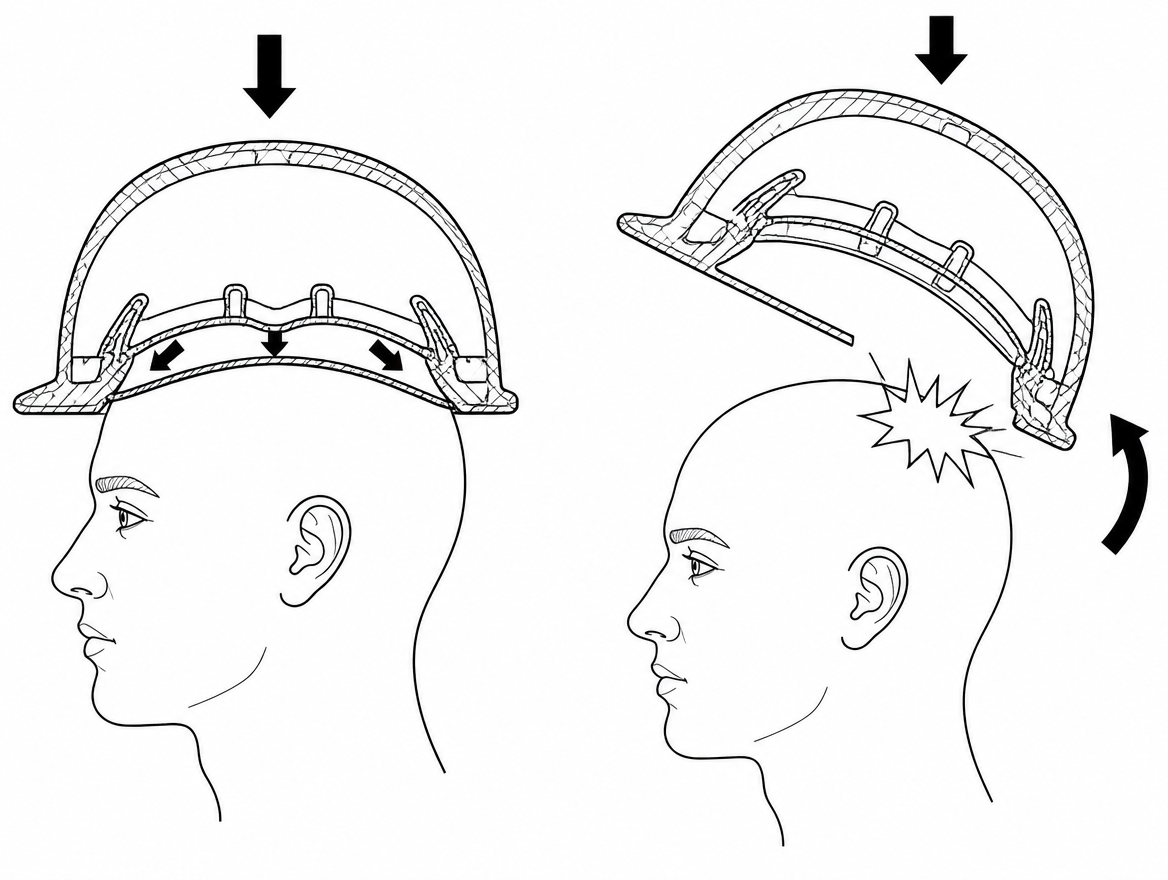 Retained (left): the crown takes the load and the suspension deforms as designed. Unretained (right): the shell rotates off and the secondary impact is taken bare-headed.