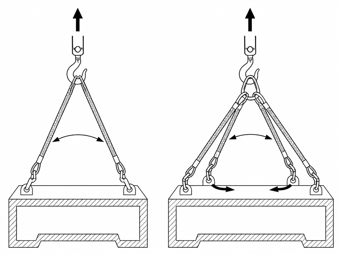 Two-point (left) resists lift-off only; four-point (right) with the rear junction low on the nape resists forward and rearward rotation.