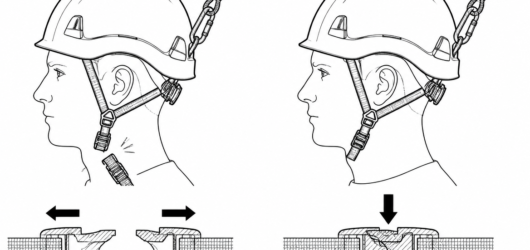 EN 397 (left): the strap releases at 150–250 N so a snag cannot load the neck. EN 12492 (right): the strap must hold to at least 500 N because it is p