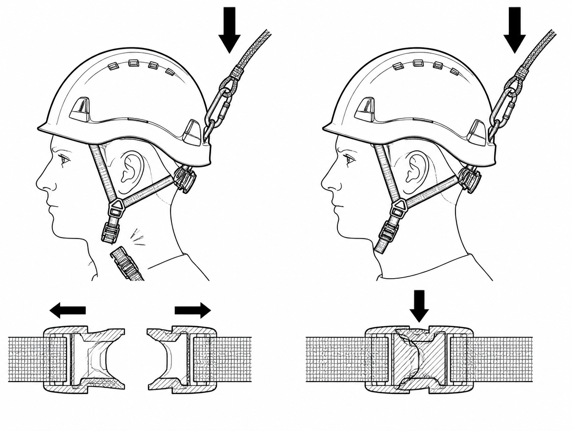 EN 397 (left): the strap releases at 150–250 N so a snag cannot load the neck. EN 12492 (right): the strap must hold to at least 500 N because it is part of the protection.