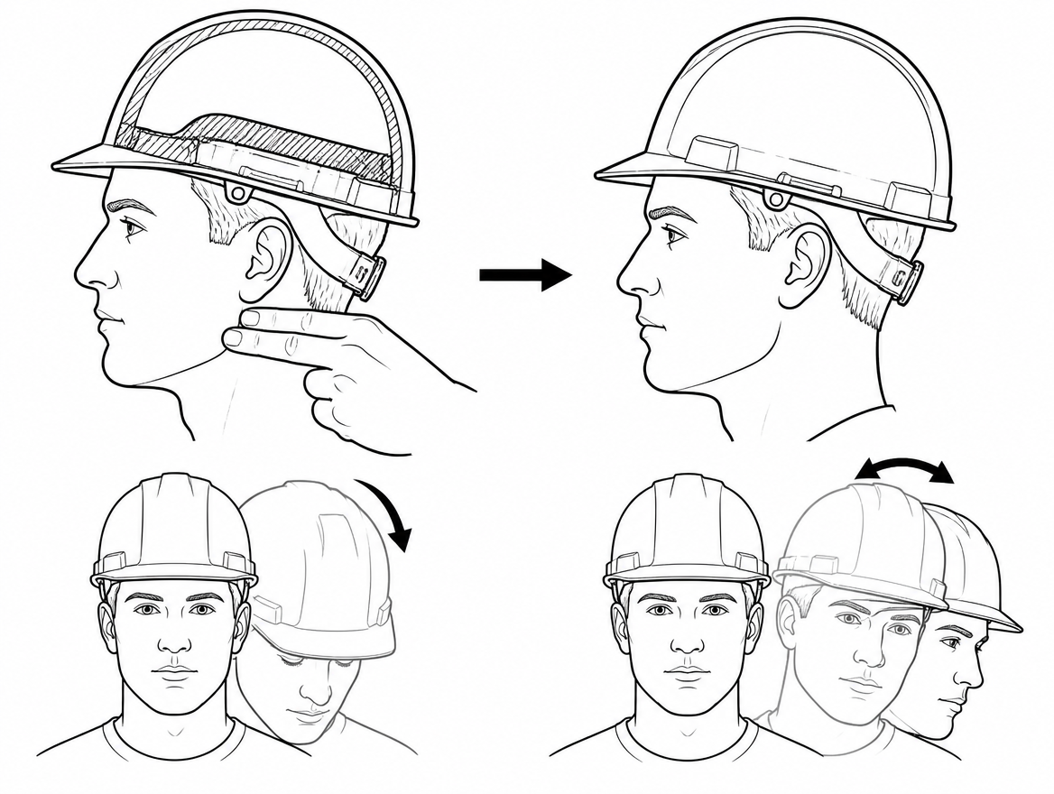 Tension check: roughly two fingers' thickness of slack, strap snug under the jaw — then confirm with a nod-and-shake movement check.