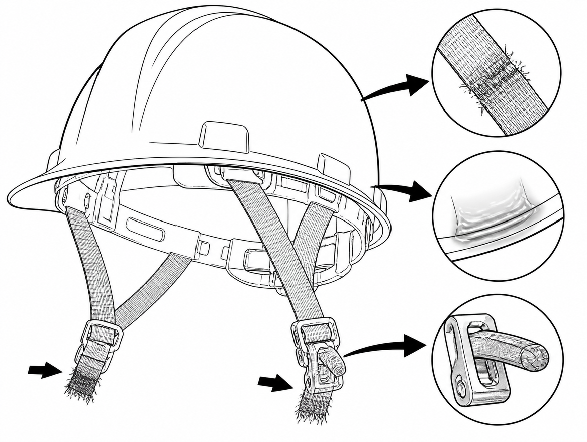 Withdraw from service: frayed or abraded webbing, glazing from heat, and any cracked or rounded buckle latch arm.
