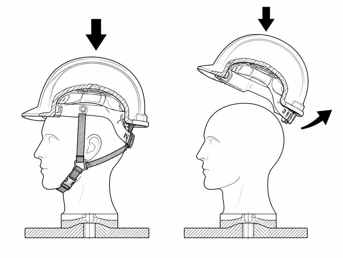 A safety helmet only protects the head it is still on. Every impact-attenuation figure in EN 397 or EN 12492 is measured with the helmet correctly positioned on a headform — crown 