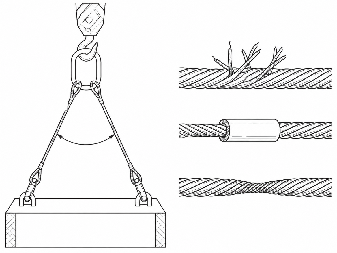 A wire strop that is about to fail almost always shows it first: a handful of broken wires standing proud of a strand, a ferrule that has crept along the rope, a local reduction in