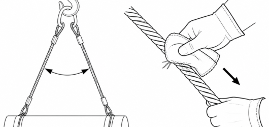 Correct method: sling uncoiled to full length, wiped clean, and a folded cloth drawn slowly along it in gloved hands to detect protruding broken wires