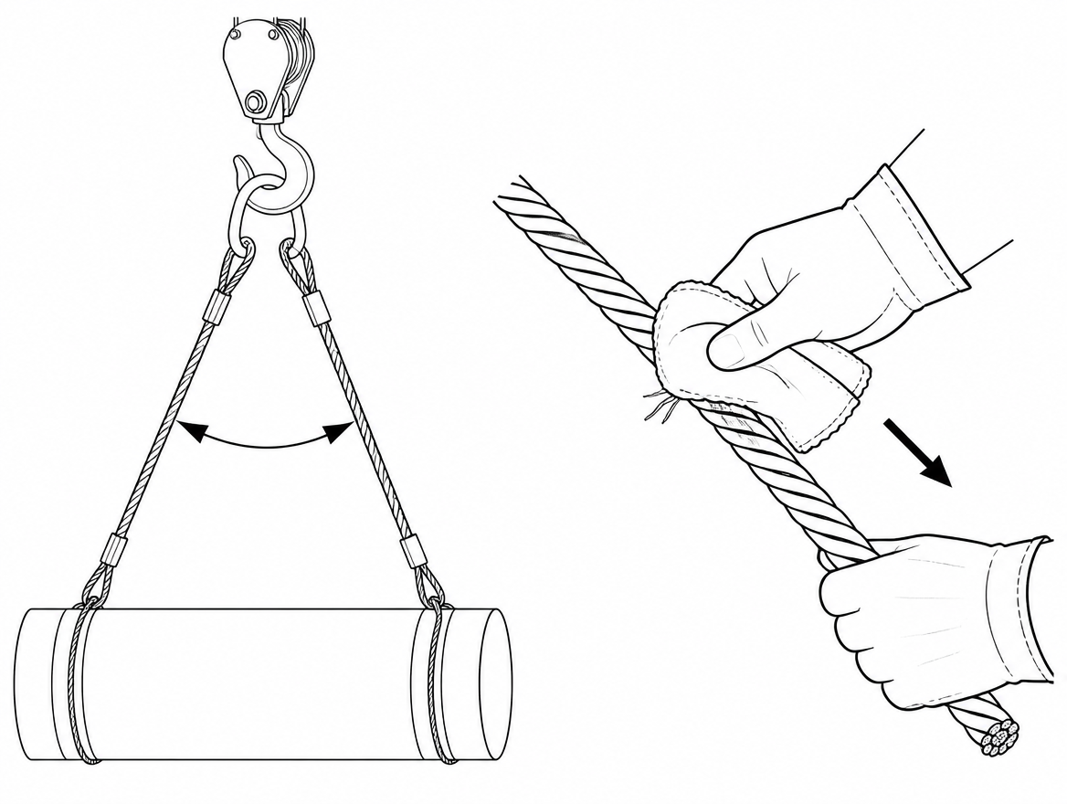 Correct method: sling uncoiled to full length, wiped clean, and a folded cloth drawn slowly along it in gloved hands to detect protruding broken wires.