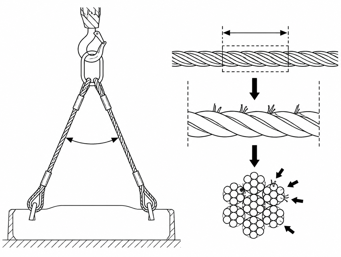 Broken wires are counted within one rope lay length; five breaks clustered in a single strand is a widely applied discard threshold.