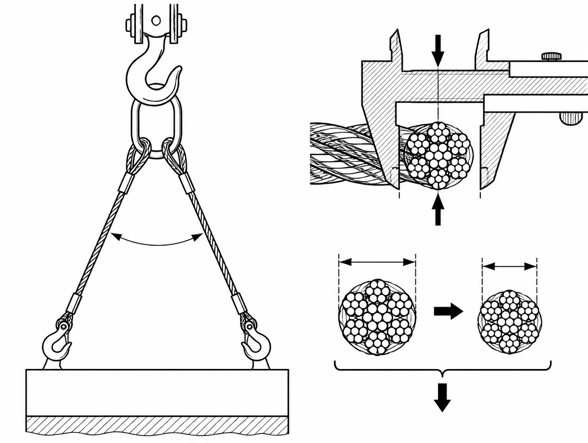 Measure across the crowns of two opposite strands with broad caliper jaws; a reduction of more than 10 % of nominal diameter is the figure commonly applied as a discard criterion.