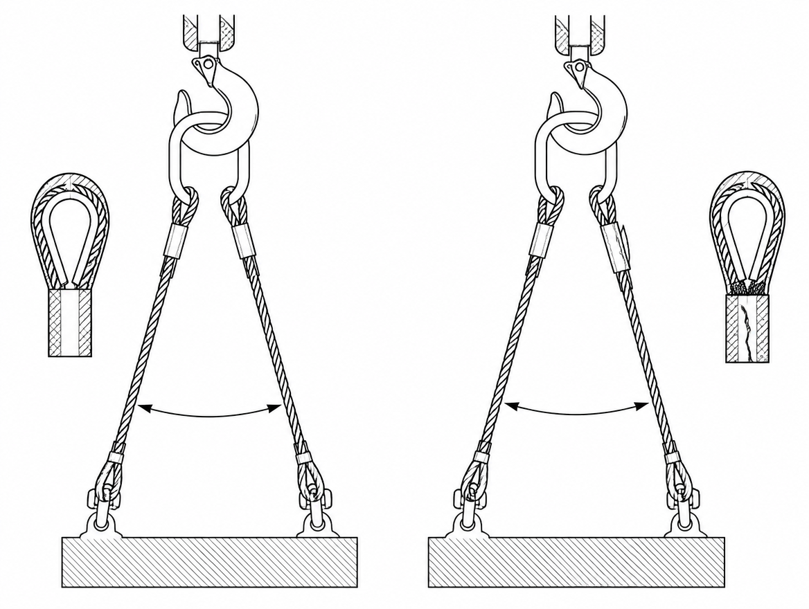 Correct, left: ferrule sound and seated, legs parallel, thimble snug. Reject, right: cracked ferrule that has crept along the rope, exposing clean rope at its mouth, with a distort