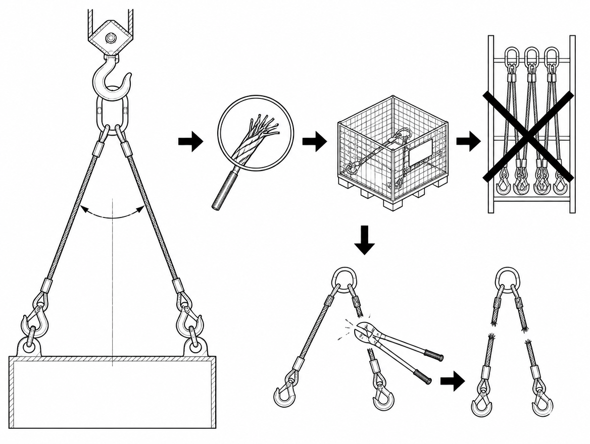 A withdrawn strop goes into physically separate quarantine, never back on the rack; where the decision is to scrap it, the assembly is destroyed so it cannot return to service.