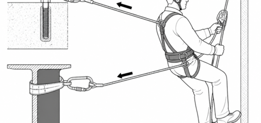 Correct arrangement: two separately anchored lines - working line to the belt side points, safety line to the harness fall arrest point.