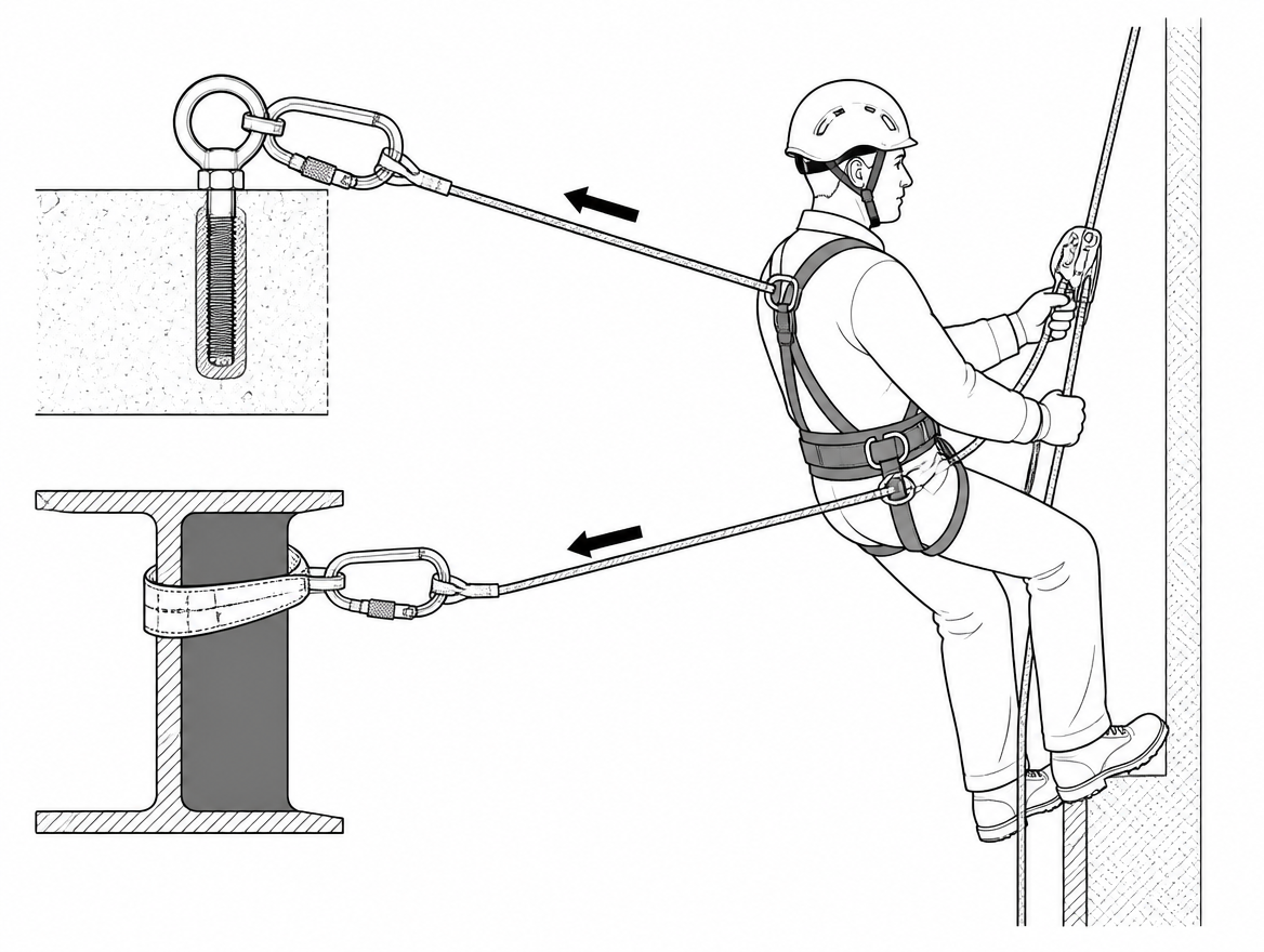 Correct arrangement: two separately anchored lines - working line to the belt side points, safety line to the harness fall arrest point.