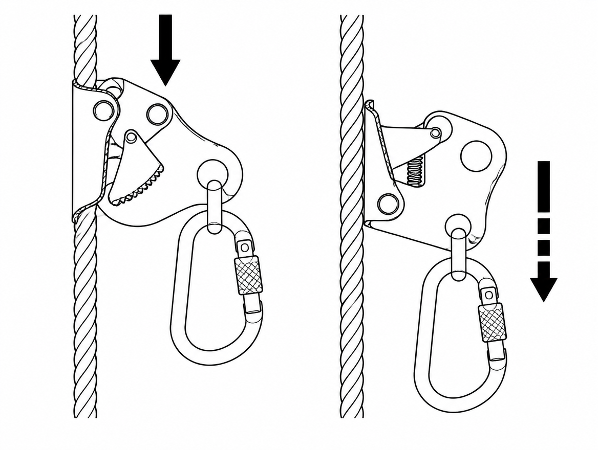 Left: correct orientation, cam engaged under downward load. Right: inverted device - the cam cannot bite and the grab will run down the rope.