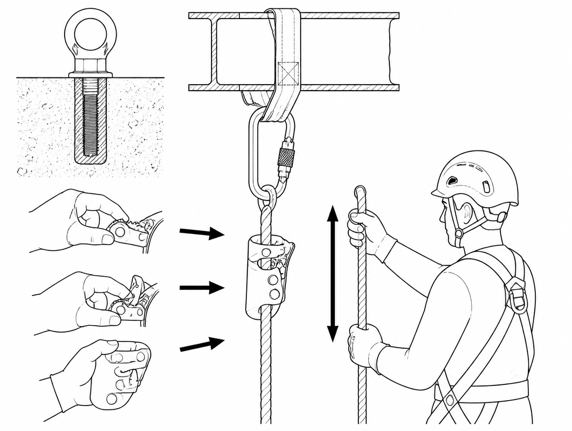 Pre-use check every time: cam teeth and catch function, device body, connector, and the full working length of rope by hand and eye.