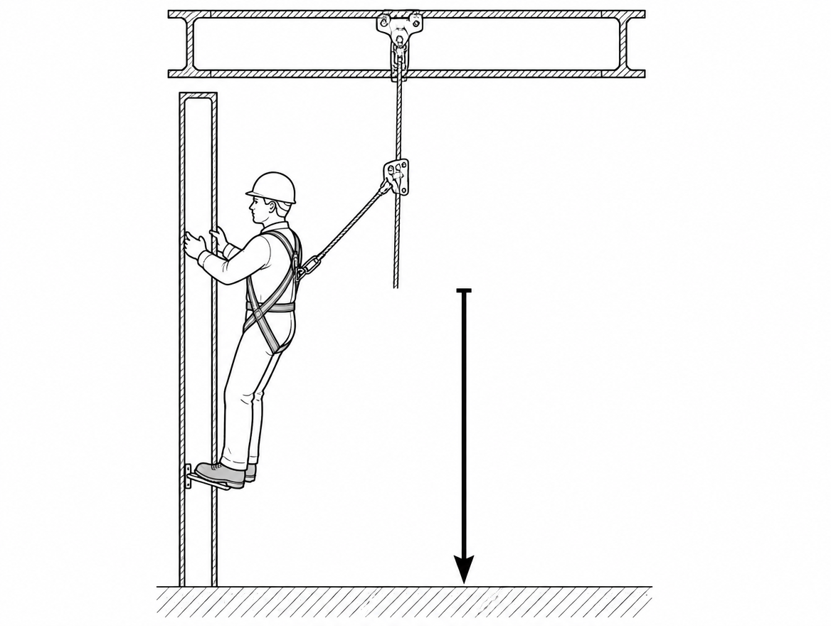 Keep the grab at or above the attachment point and the lanyard taut - work positioning equipment has no energy absorber.