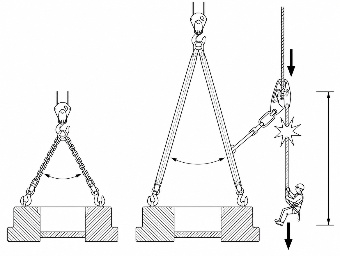 Right: added slings lengthen the connection, raising both fall distance and the shock load a toothed cam puts into the rope.