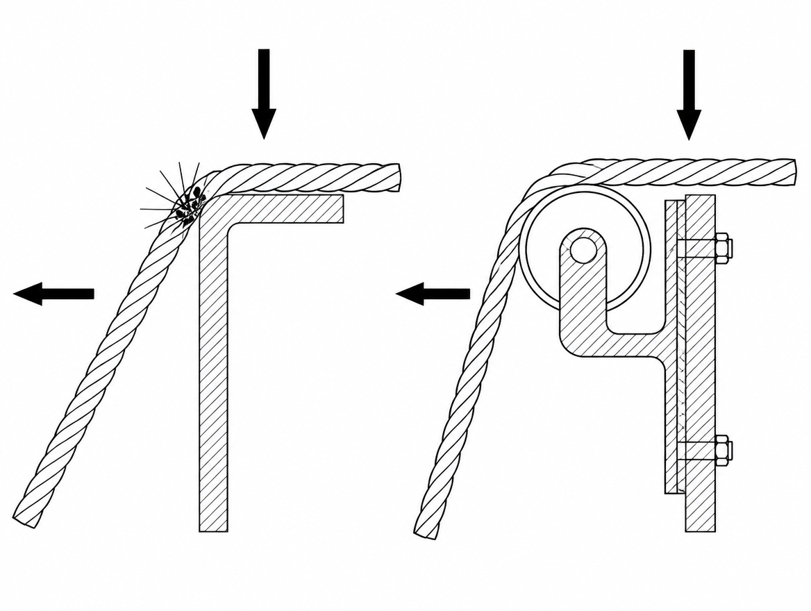 Left: load and lateral movement concentrated on a few sheath fibres at a small-radius corner. Right: an edge roller fixed to the structure gives a large bearing radius and keeps wo