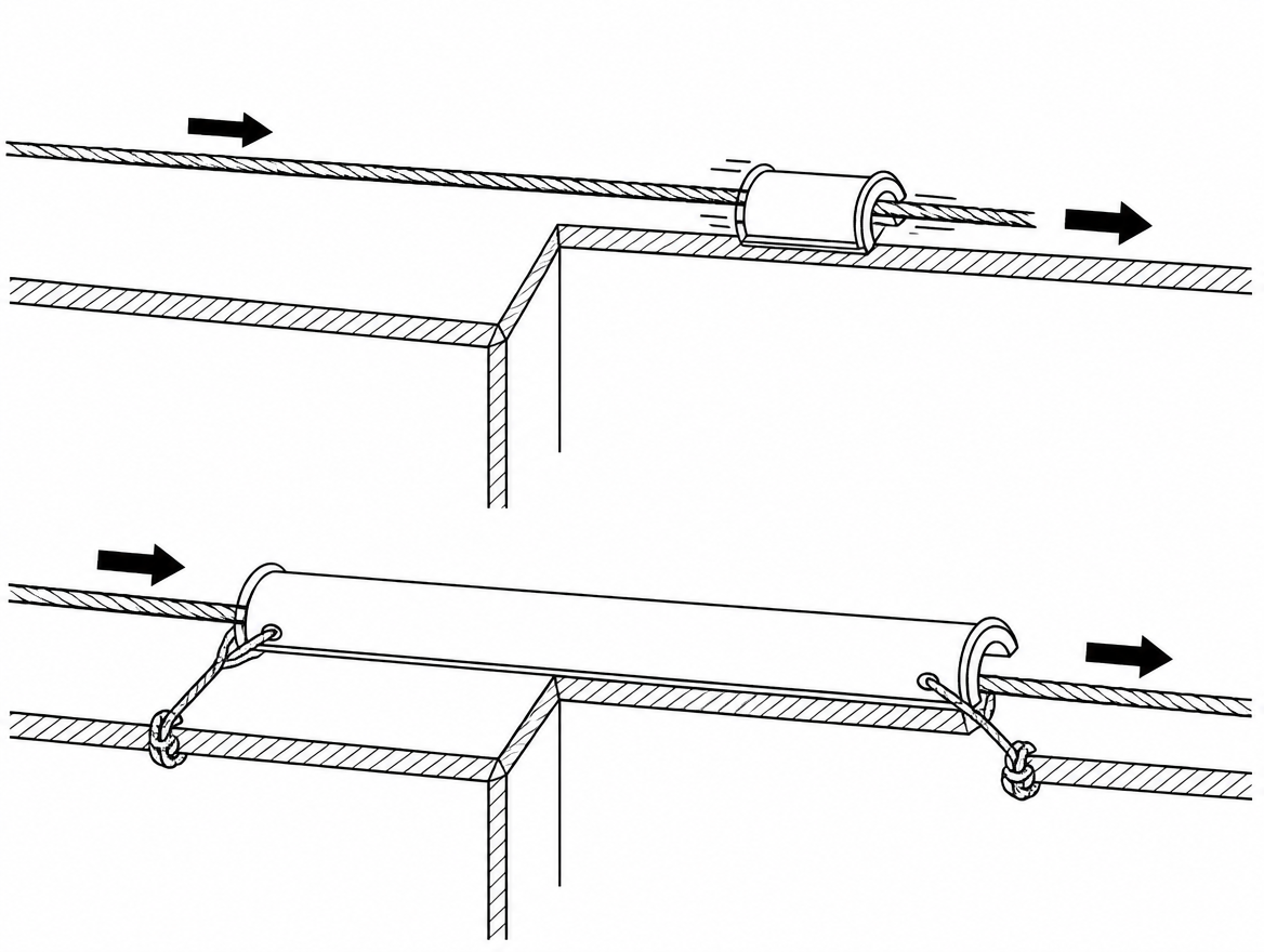 Incorrect: the protector travelled with the rope and the edge is exposed. Correct: the protector spans the whole travel zone and is tied back to the structure with a separate cord.