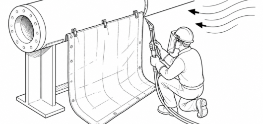 Positive separation: work below and to the side of the lines, shield the trajectory with a blanket, and account for wind before the torch is lit.