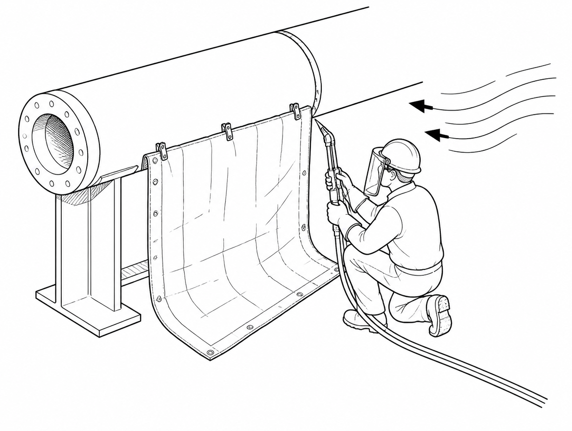 Positive separation: work below and to the side of the lines, shield the trajectory with a blanket, and account for wind before the torch is lit.