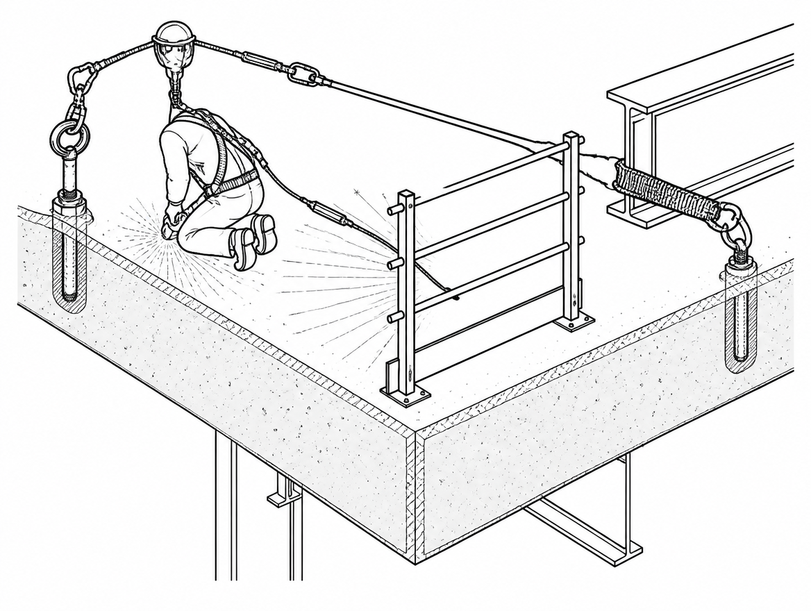 Working line and backup line on separate anchors and separate edge protection: one edge or one spark shower cannot reach both.