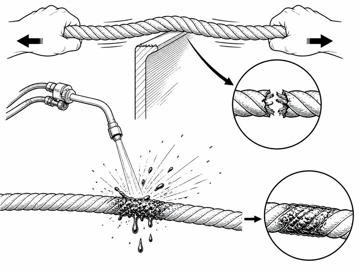 A rope that would hold well over 20 kN in a straight pull can be severed by a hand load if it is bent over a burred steel edge and moved sideways — and a single shower of oxy-fuel 