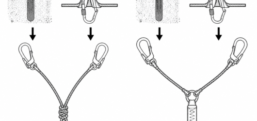 A Y-lanyard is not a shape: the certified version (right) has one EN 355 energy absorber shared by both tails, which a knot cannot reproduce.