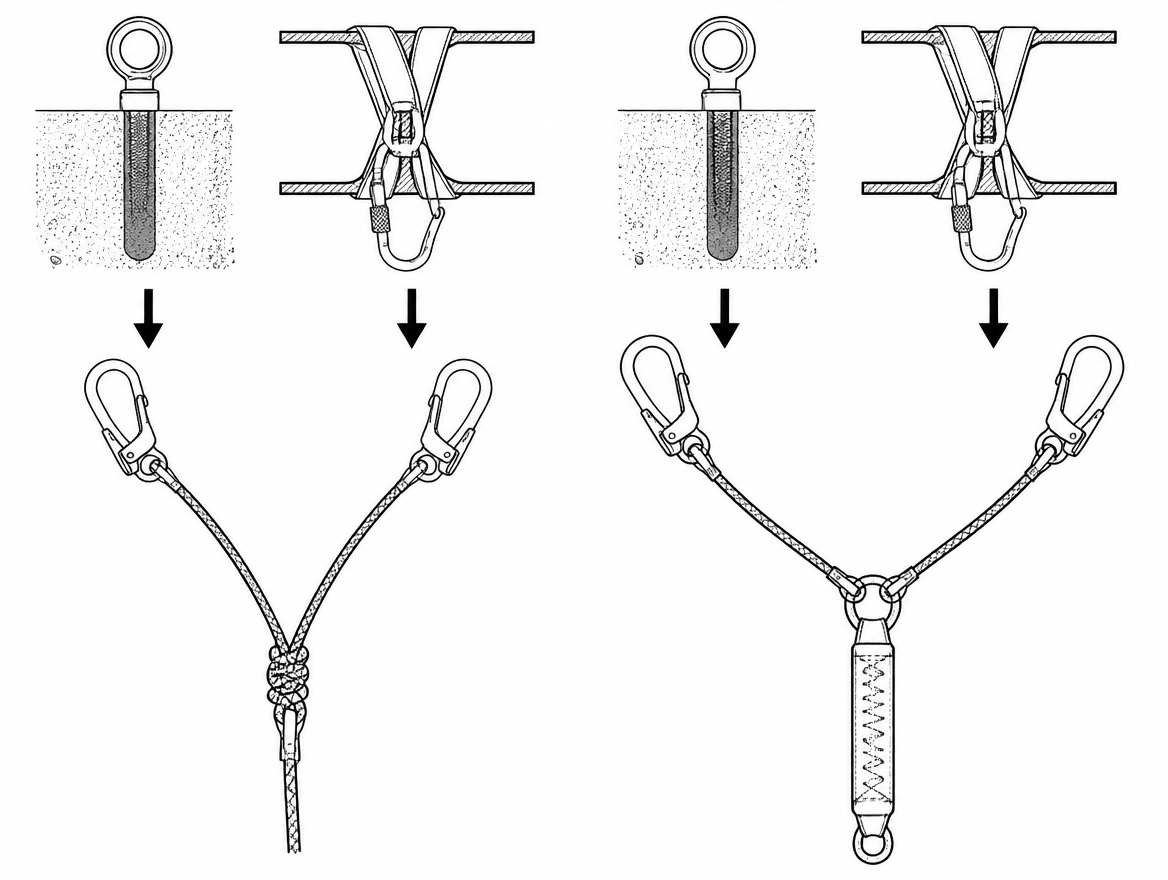 A Y-lanyard is not a shape: the certified version (right) has one EN 355 energy absorber shared by both tails, which a knot cannot reproduce.