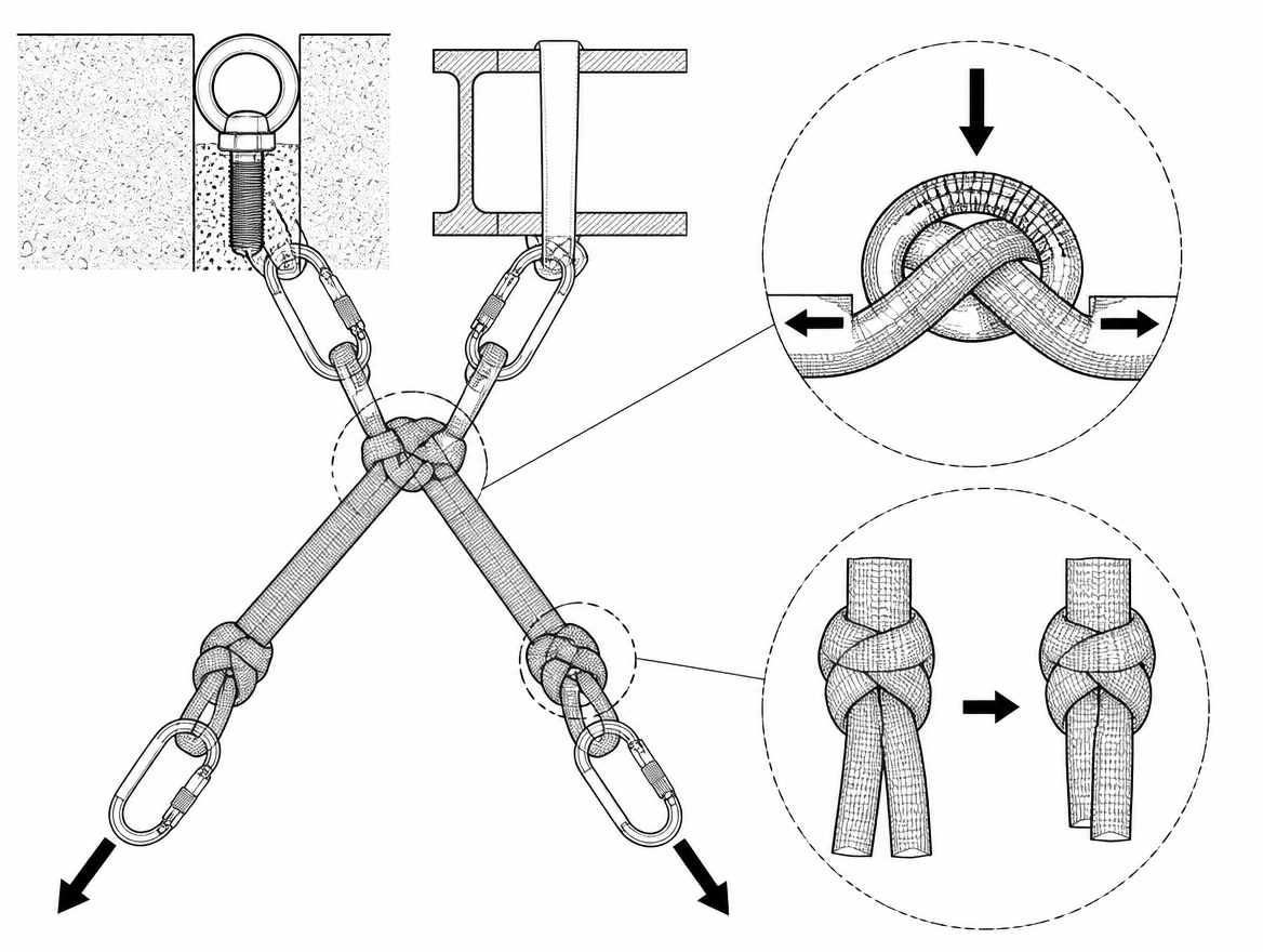 Failure starts at the bend: knots concentrate load on the outer fibres and reduce strength by an amount you cannot determine on site, while webbing knots also creep their tails inw
