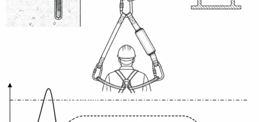 The dash-dot line is the 6 kN arrest force limit set by EN 355; a static sling transmits the tall spike, an energy absorber converts it into the low p