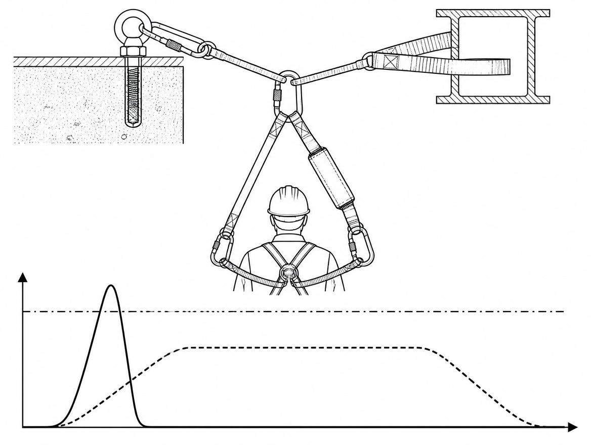 The dash-dot line is the 6 kN arrest force limit set by EN 355; a static sling transmits the tall spike, an energy absorber converts it into the low plateau.