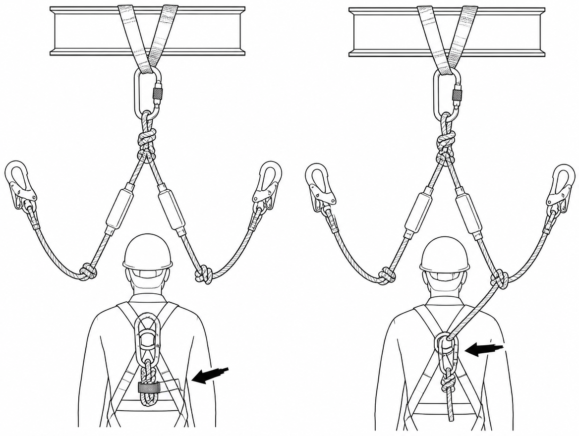 Correct: spare tail parked in the harness keeper. Incorrect: spare tail clipped to the fall arrest attachment, where it can load the absorber from both ends and stop it deploying.